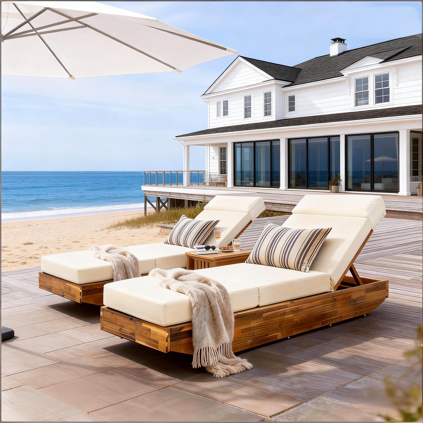 Modern Acacia Wood Outdoor Chaise Lounge With Beige Water-Repellent Cushion & Integrated Headrest, Adjustable & Foldable Design For Patio, Poolside, Garden