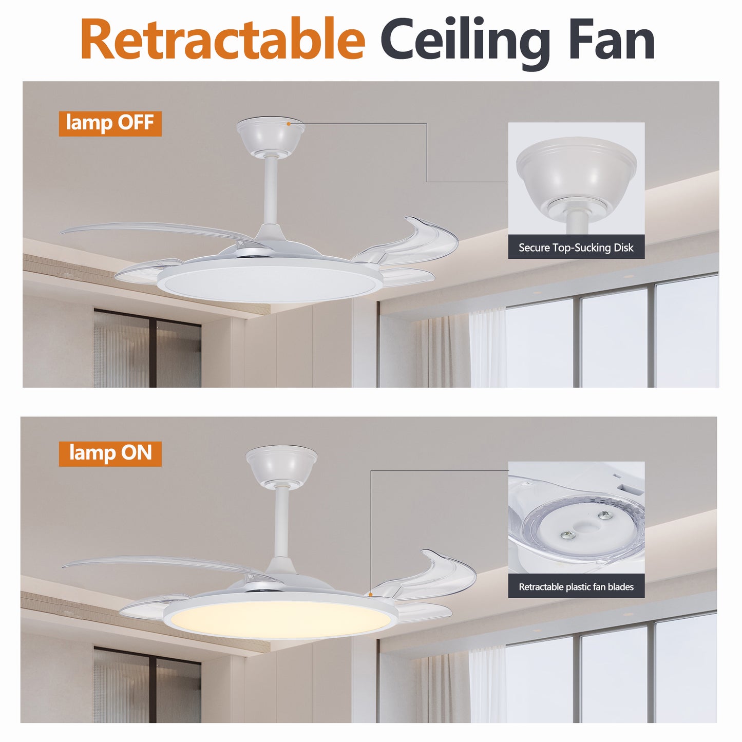 Retractable Ceiling Fans With Lights,42 Inch Ceiling Fan With Light And Remote Control,Flush Mount,DC Reversible,3CCT,Low Noise,White Ceiling Fan For Bedroom,Living Room,Kitchen,Indoor