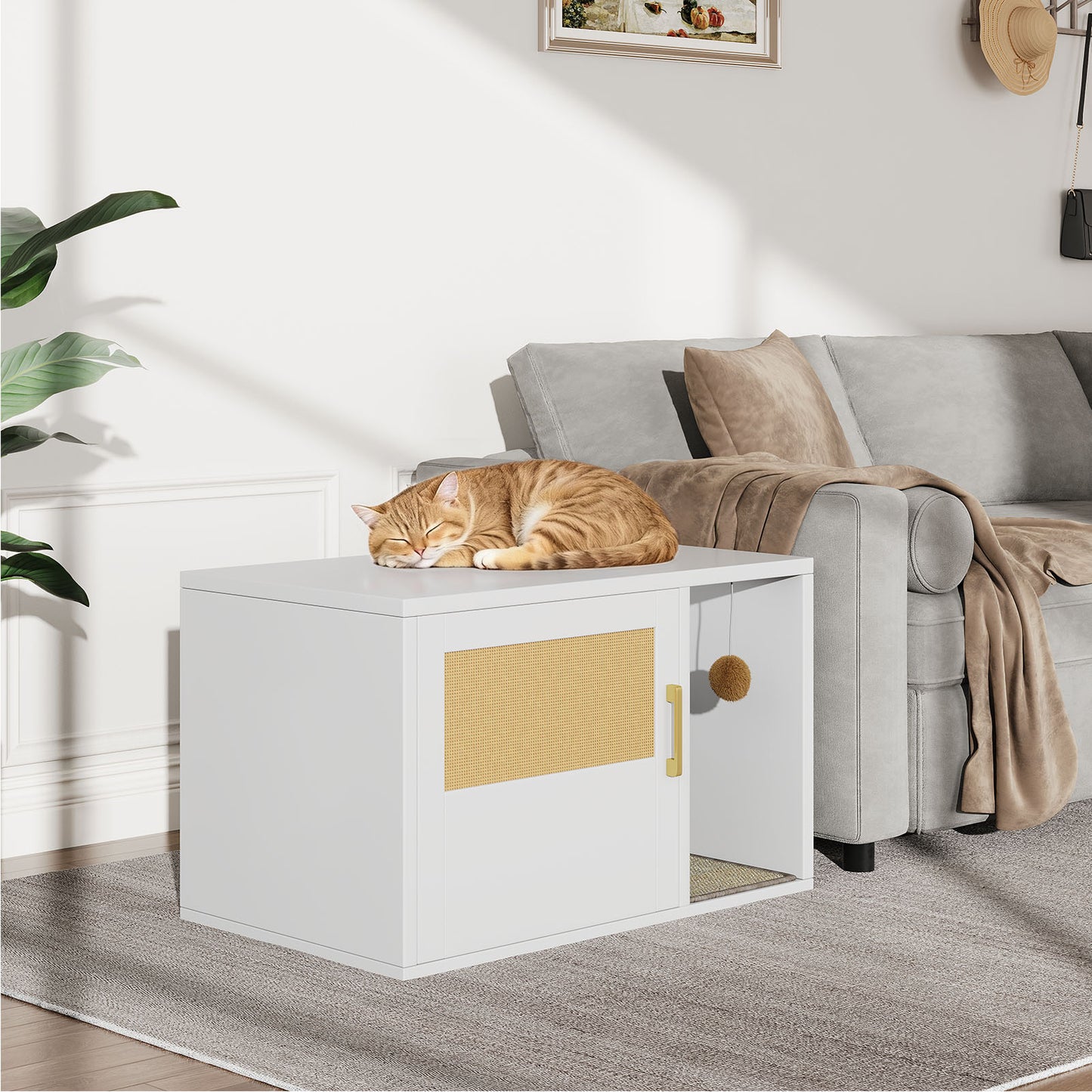 Cat Litter Box Cabinet Multifunctional White Modern Cat House Washroom End Table For Bedroom Living Room