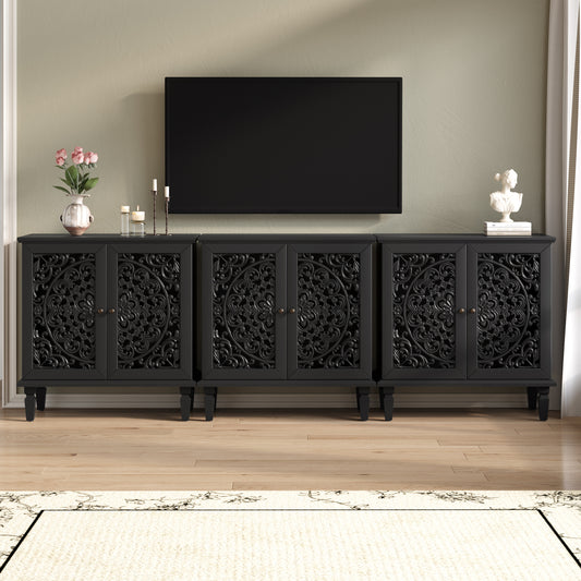 Vintage Hollow-Carved Accent Cabinet, 2-Door Display Storage Sideboard With Symmetrical Floral Design, Adjustable Shelf And Solid Wood Legs For Living Room Entryway Black