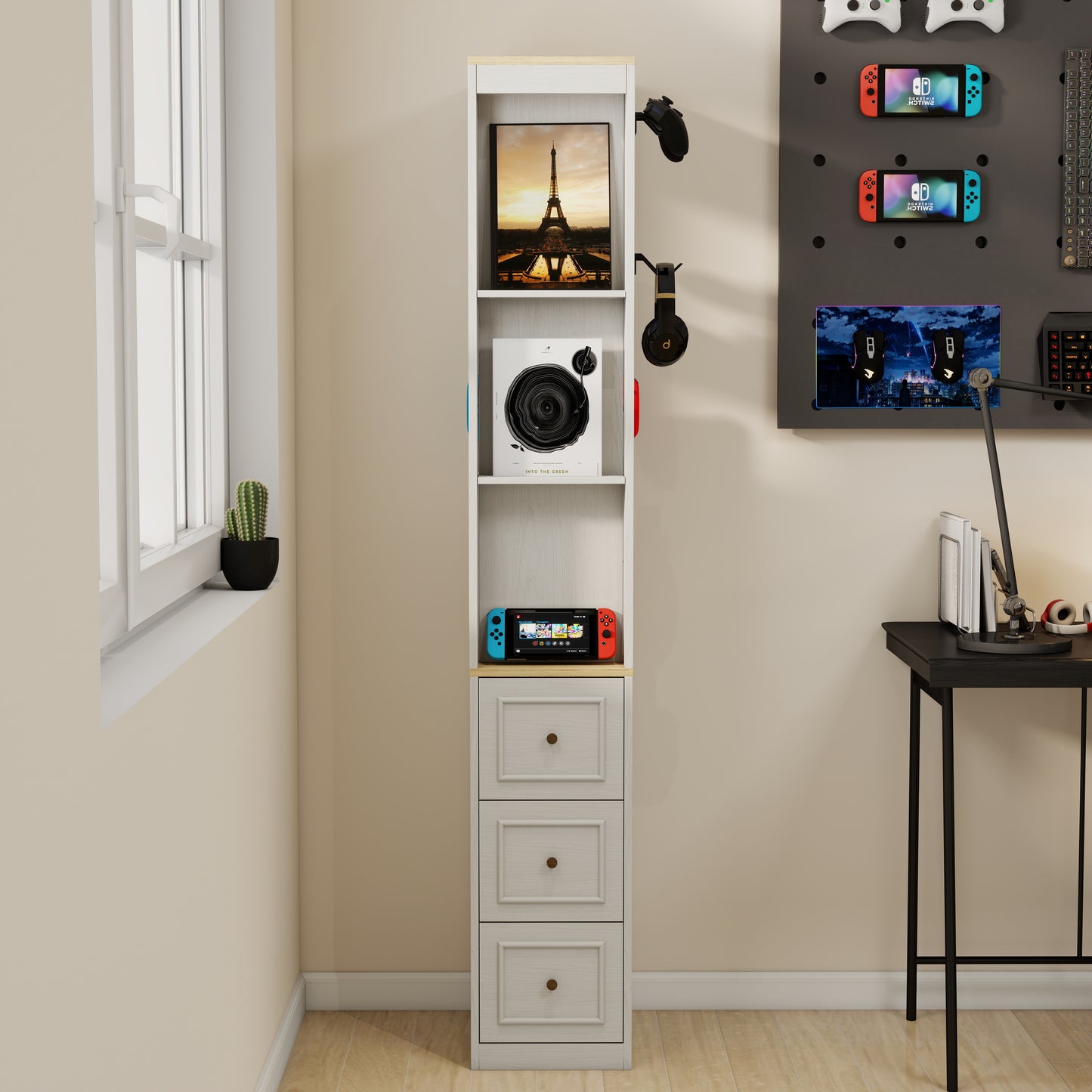73  Tall Slim Storage Cabinet, 3-Tier Media Storage Cabinet With 3 Drawers And 2 Hooks, Bookcase Display Storage Shelves, Cube CD, DVD, Game Console Storage Cabinet-Antique White