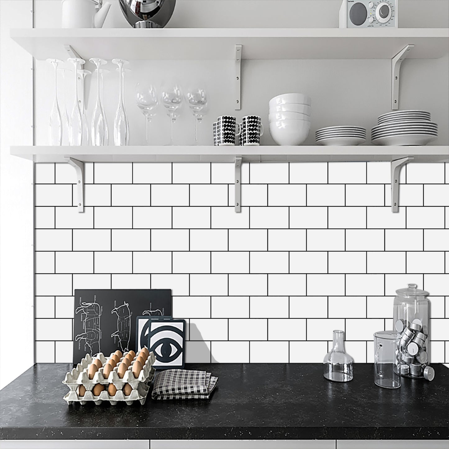 White Black Seam Peel And Stick Splashback Kitchen Glossy PVC Splashback Bathroom Wall Sticker, Removable