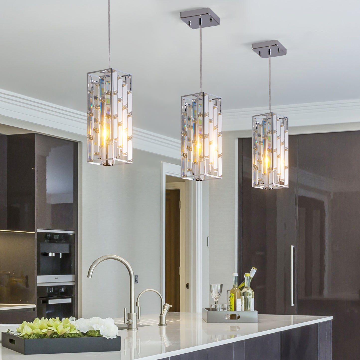 4in  Modern Crystal Pendant Light - 3 Pack, Adjustable Hanging Ceiling Lamp With Crystal Prism Design For Dining Room, Kitchen Island, And Living Room -Chrome Finish