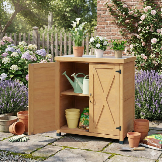 Potting Bench With Storage Cabinet And Metal Table Top For Outdoor Patio,Outdoor Work Station Table