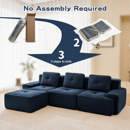 117 Modern L-Shaped Modular Sectional Sofa For Living Room, Corduroy Fabric,3-Seater Couch With Deep Seat And Movable Ottoman,Pearl-like Piping, Tufted Design,No Assembly, Anti-slip Design, Blue
