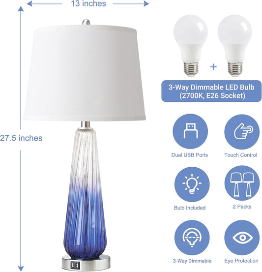 Table Lamps Set Of 2 With Touch Control, 3-Way Dimmable Modern Glass Bedside Lamps With USB A C Ports, Nightstand Lamp With White Fabric Shade, 27.5  Large Lamps For Living Room Bedrooms Decorations