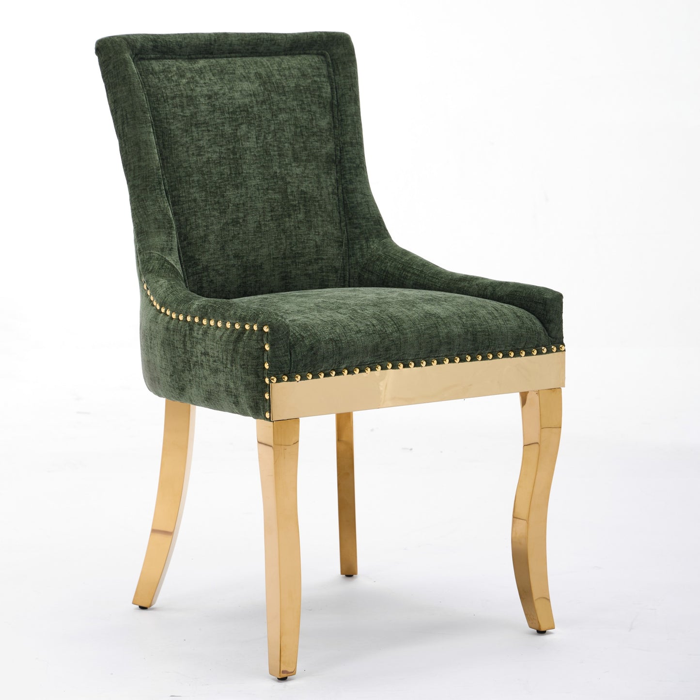 Chenille Dining Chairs, Modern Style With Curved Gold - Plated Legs & Rivet Trim, Upholstered Comfort For Dining Lounge, Accent Seating With Textured Fabric & One - Piece Structure, Green,Set Of 2