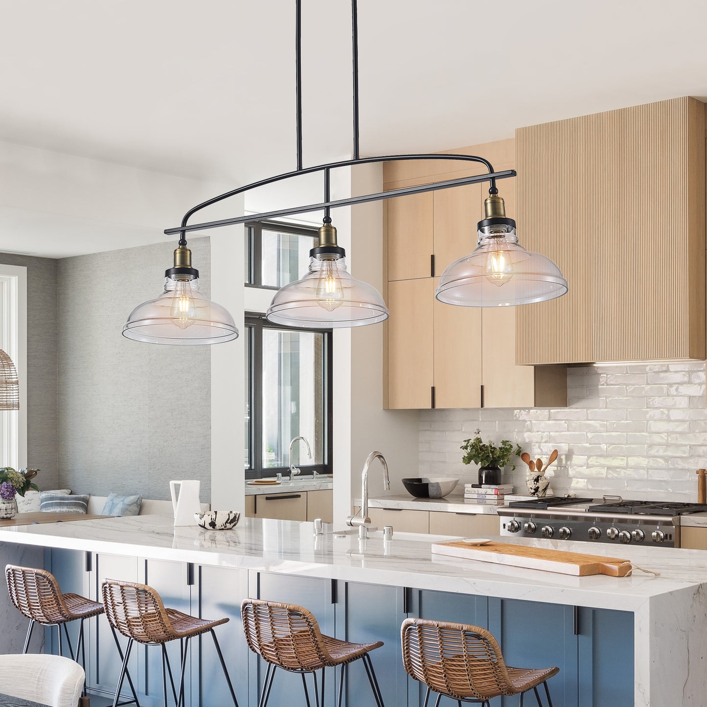 45 Industrial 3-Light Pendant Chandelier With Clear Glass Shades, Black Metal Frame, Adjustable Height, Modern Farmhouse Lighting For Kitchen Island, Dining Room, Or Living Room Bulb Not Included