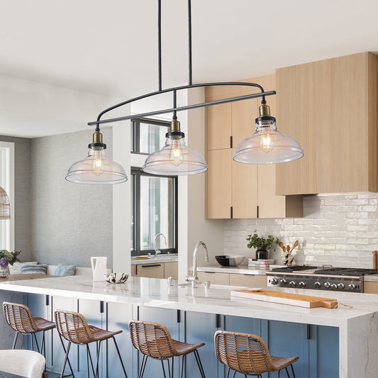 45 Industrial 3-Light Pendant Chandelier With Clear Glass Shades, Black Metal Frame, Adjustable Height, Modern Farmhouse Lighting For Kitchen Island, Dining Room, Or Living Room Bulb Not Included
