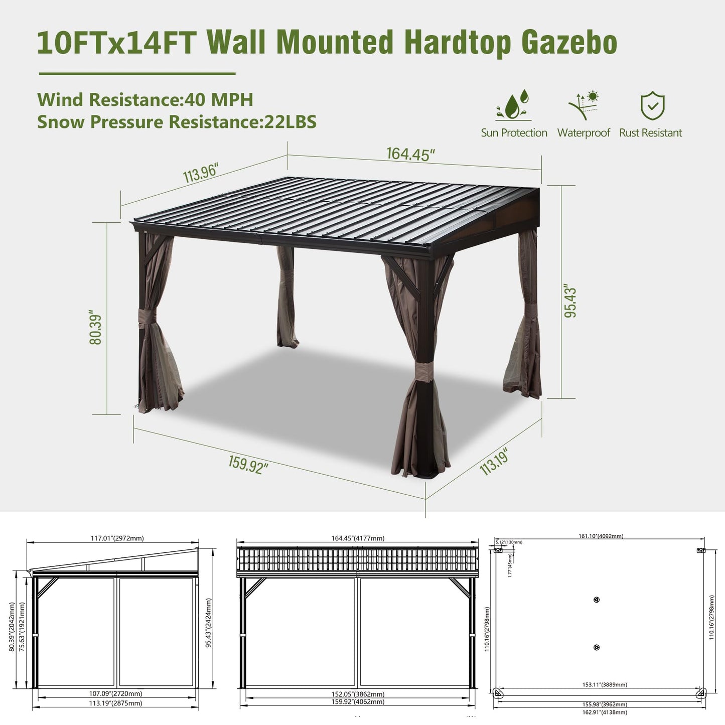 10x14FT Lean To Hardtop Gazebo With Gutters, Outdoor Wall Mounted Gazebo With Metal Roof