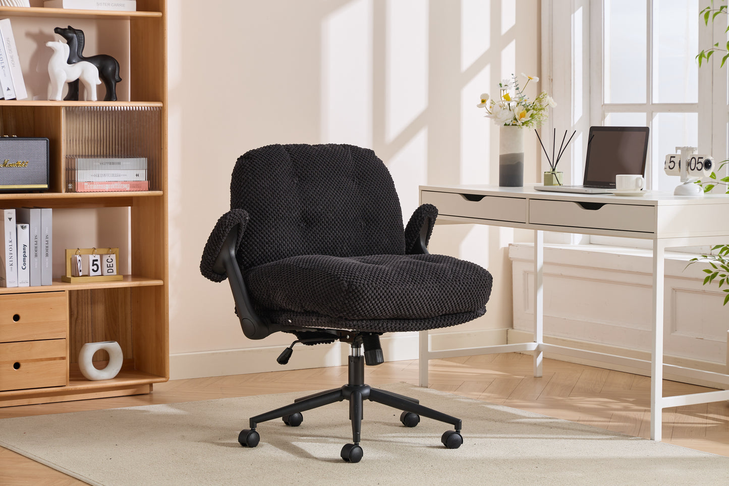 Cross Legged Office Chair With Flip-Up Arms, Adjustable Height Swivel Desk Chair, Wider & Thickened Cushion Ergonomic Rolling Chair For Home Office, Vanity, Study,Black.