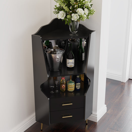 Wooden Corner Bar Cabinet With 2 Open Storage Shelves And 2 Drawers, Mirrored Back Sideboard Cabinet, High Feet Legs For Easy Cleaning, Buffet Cabinet BLACK