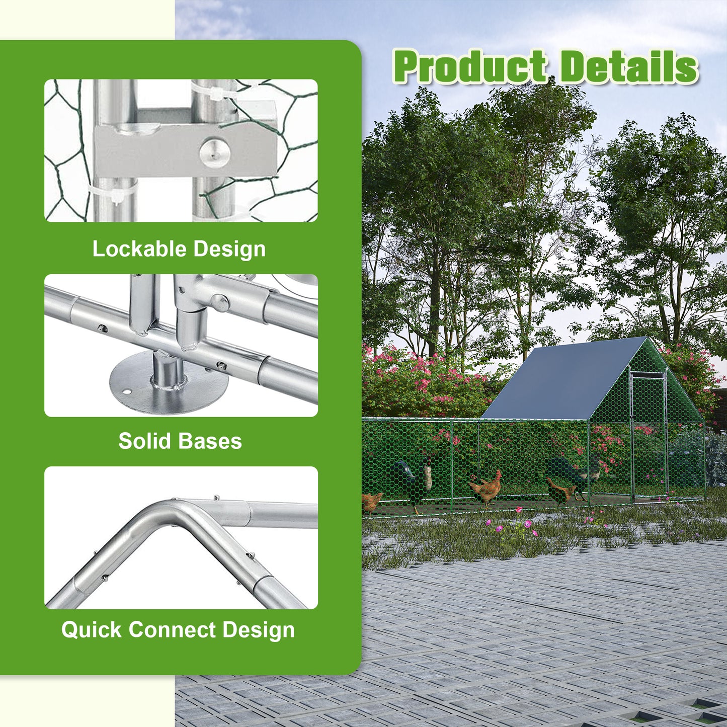 26'Lx6.7'Wx6.6' Ft Large Metal Chicken Coop, Walk-in Chicken Run, Galvanized Wire Poultry Chicken Hen Pen Cage, Rabbits Duck Cages With Waterproof And Anti-Ultraviolet Cover For Outside