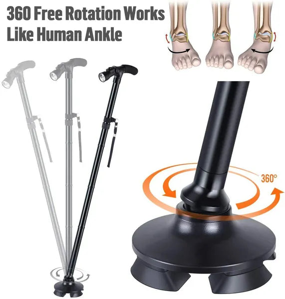 LED Walking Stick Cane Safety All Terrain Pivoting Base Folding Cane Travel