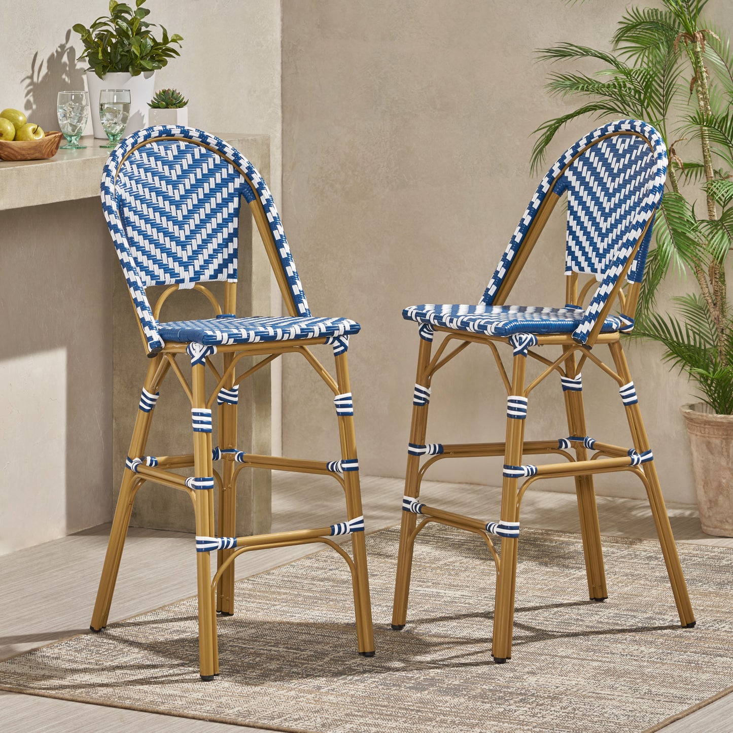29.5 Outdoor PE Rattan French Barstool, Navy Blue And White, Aluminum Frame With Bamboo Finish  Set Of 2