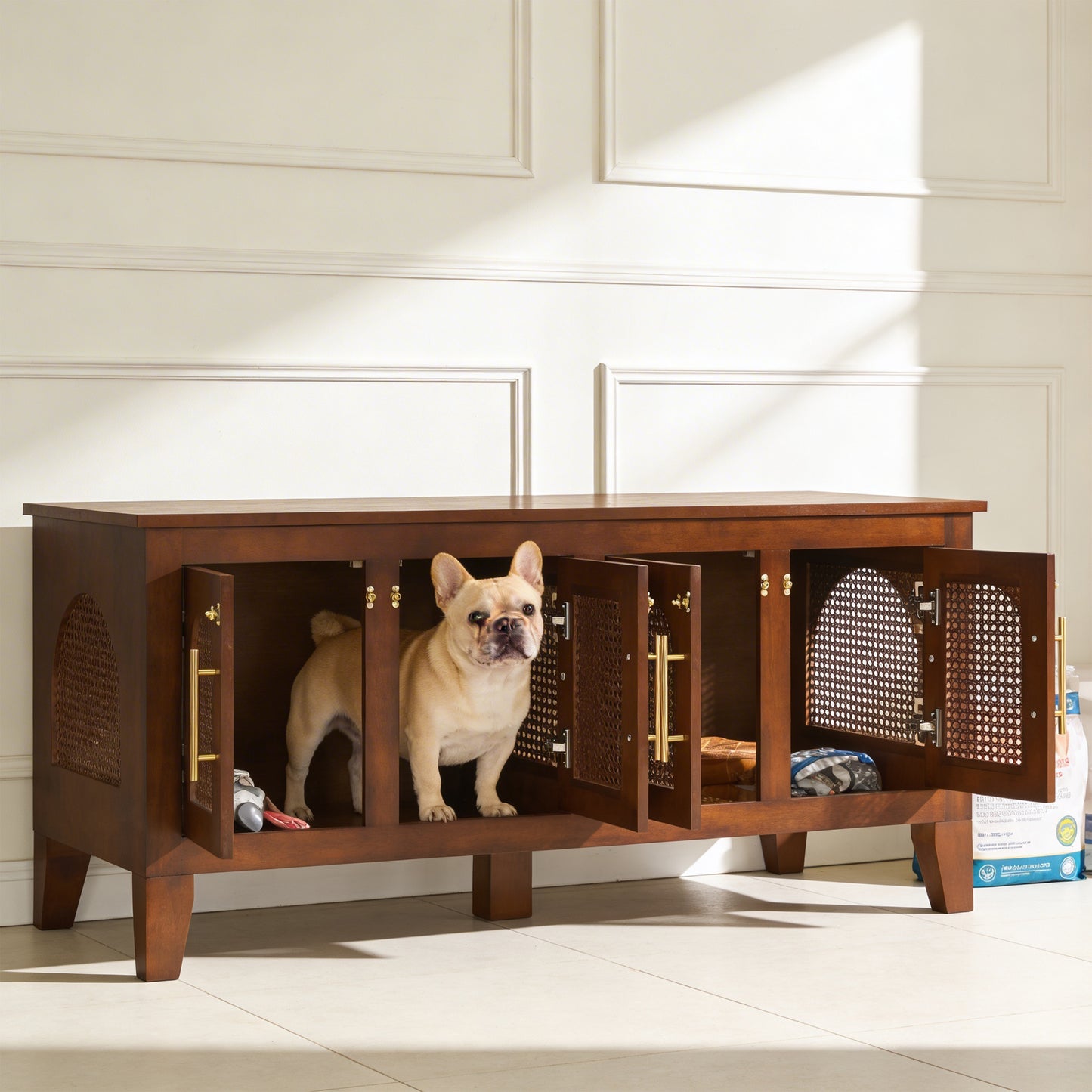 Lars Indoor Rattan Decorated Rubber Wood Dog Crate Cabinet Furniture -Stylish Pet Kennel With 4 Doors For Living Room