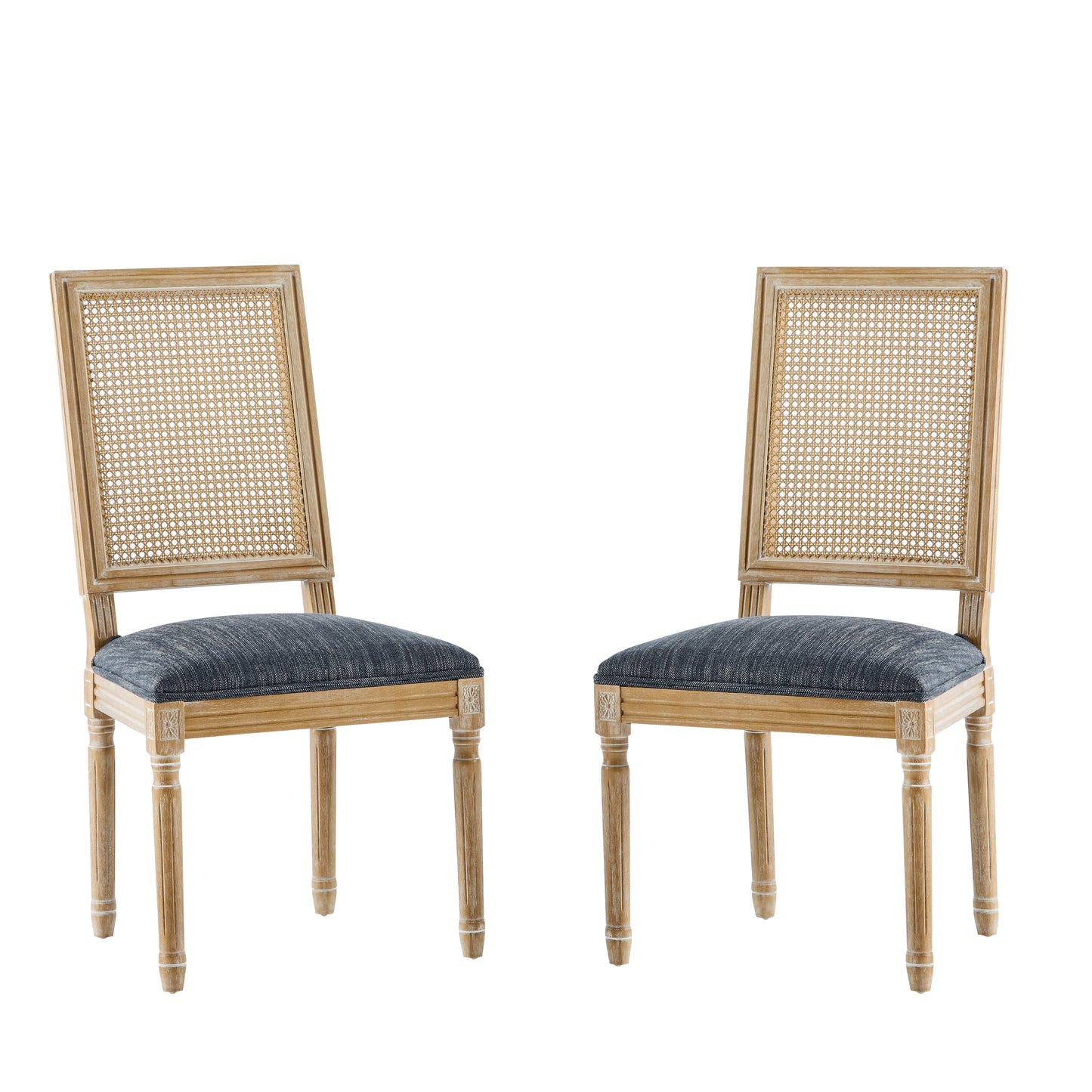 French Country Dining Chairs - Elegant Cane Backrest & Upholstered Seats With Fluted Legs - Rustic Weathered Finish - Solid Rubberwood Frame - Vintage Inspired Kitchen & Dining Room Chairs