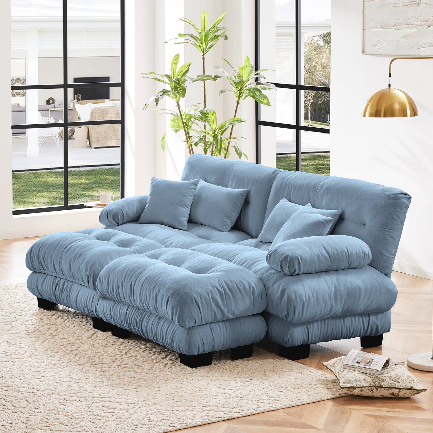Cloud Couch Sleeper Sofa For Living Room, Chenille 2 Seater Sofa With 2 Lumbar Pillows And 2 Throw Pillows , Upholstered Wide Arm Sofa With 2 Ottomans,Chenille Blue