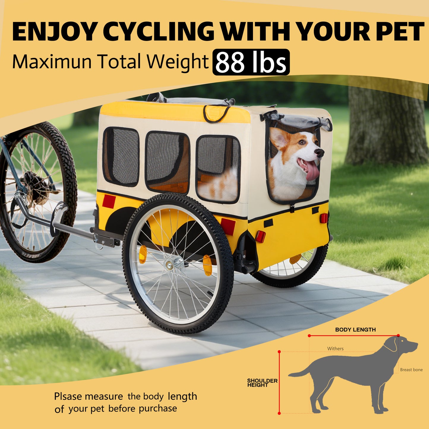 Large Folding Bike Trailer For Dogs - 20x2 1 8 Inches Wheels, Heavy-Duty Steel Frame, Spacious Design, All-Terrain Cycling, Jogging & Camping Adventure, Yellow