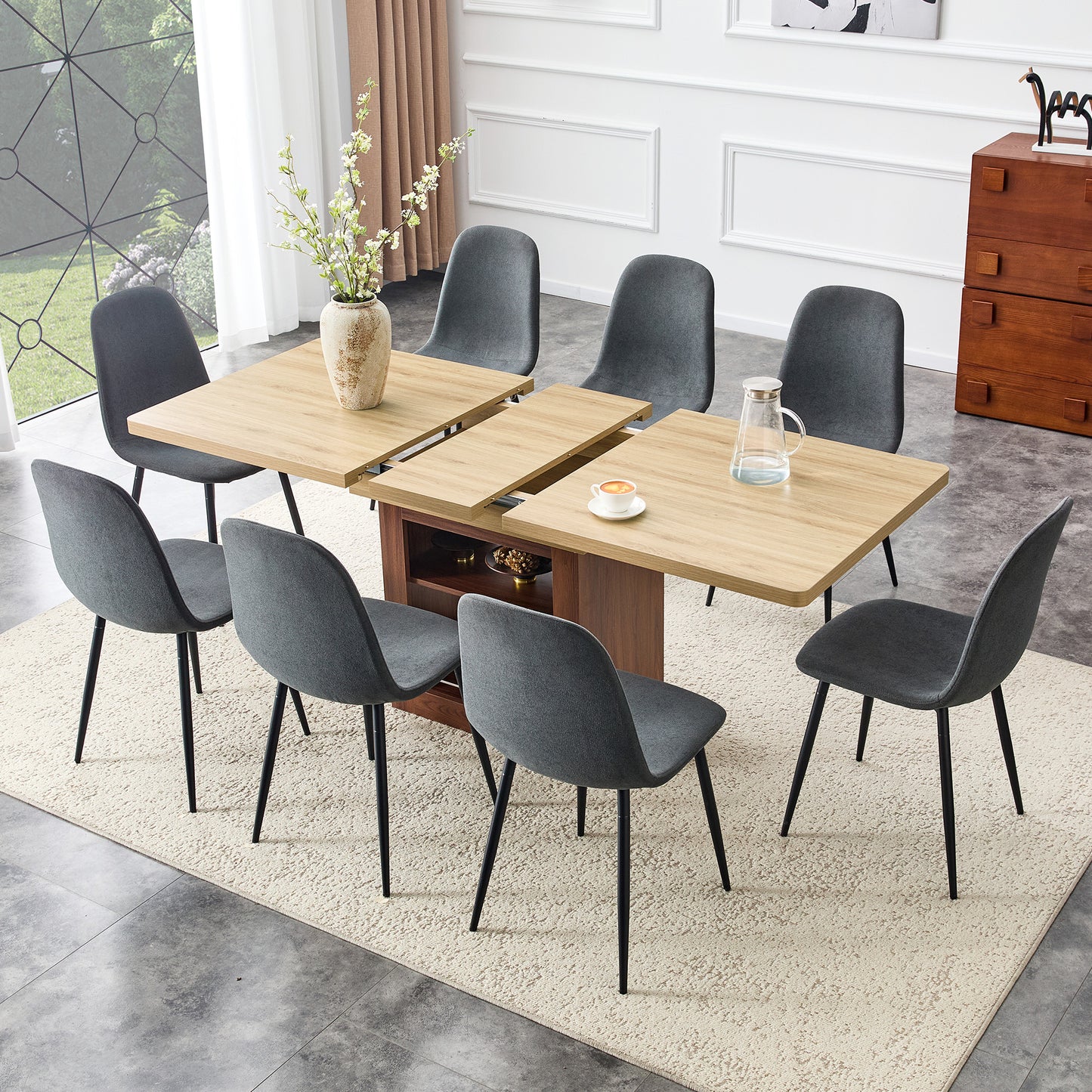 Scalable Dining Table And Chair Set, 59-71 Inch Pull-out Table, 8-piece Set Of Dark Gray Linen-Cotton Material Chairs, Modern Light Luxury Restaurant Furniture.Suitable For Restaurants, Kitchens, Etc.