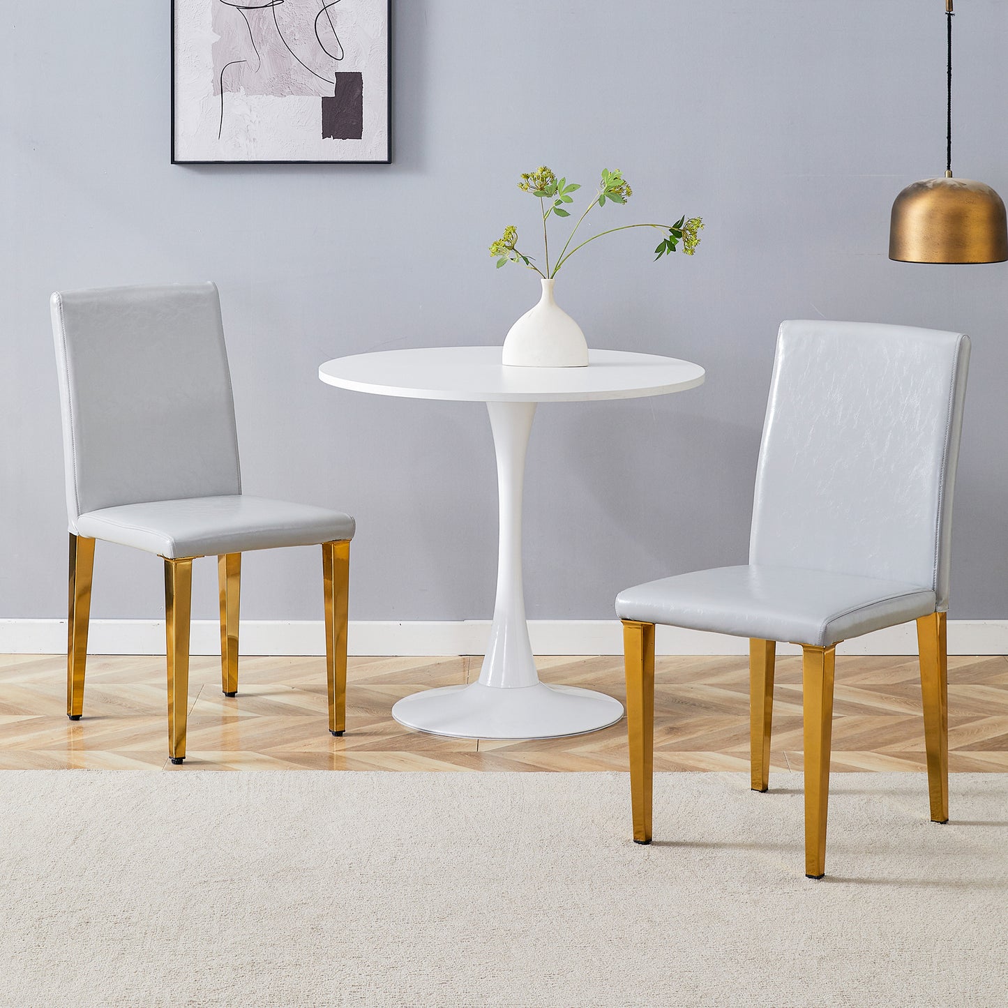 Set Of 2 Light Gray PU Dining Chairs,35.4in High, 18.5in Ergonomic Backrest, 17inx16in Sponge Seat, Perfect For Dining Room, Home Office & Living Space, Stylish & Comfortable.Golden Metal Leg.
