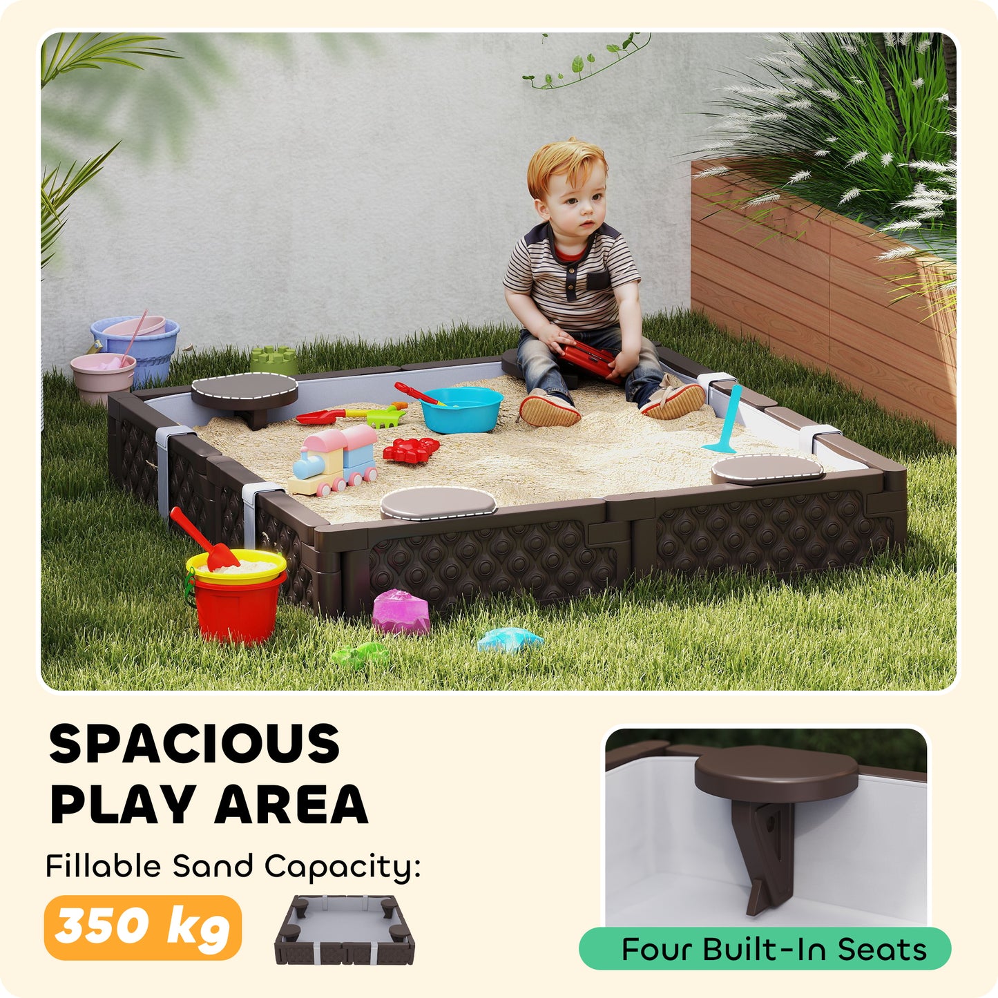 Kids Sandbox With Cover, 4 Corner Seats, Bottom Liner For Backyard, Garden, Outdoor, 47" X 47" X 9", Dark Brown