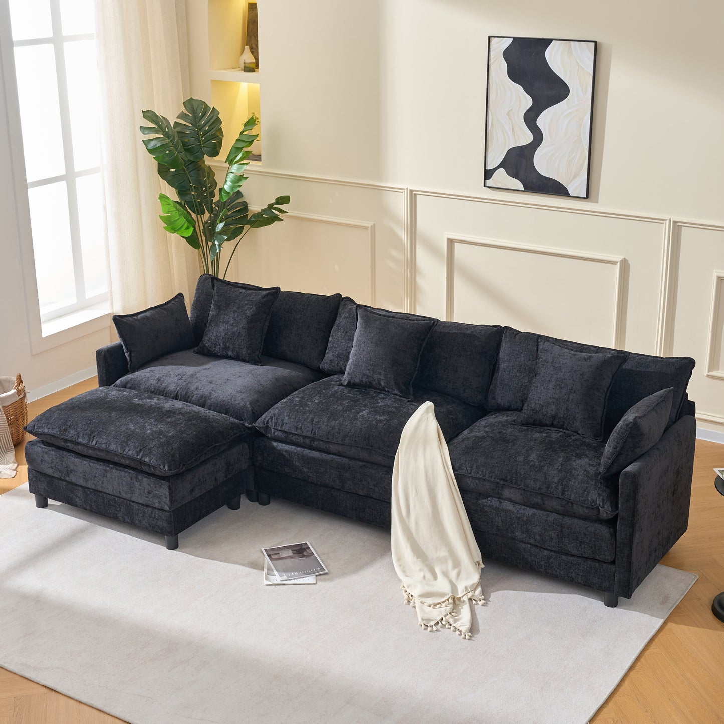 108  L Shaped Modern Sofa Modular Sectional Cloud Couch With Ottoman, 4 Seat Chenille Deep Seat Sofa With Pillow For Living Room, Bedroom And Apartment