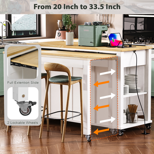 K&K 47 Inch Kitchen Island With Extendable Dining Table, Rubber Wood Veneer Kitchen Table With Internal Storage Rack, Power Outlet, Kitchen Island With Storage 2 Drawers 2 Cabinet,White