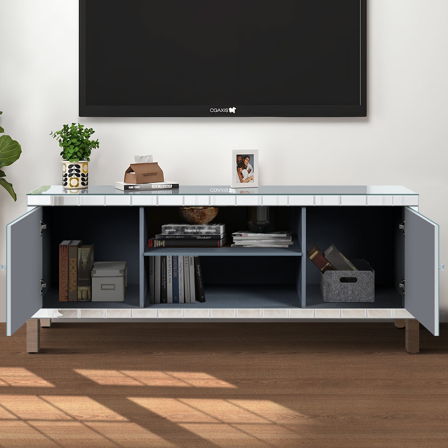 Mirrored TV Stand For 65 Inch TV,Sliver TV Console Table With Open Storage & 2 Storage Cabinets ,Diamond Shape Sparkling Mirror Doors For Living Room 59'W X 25.2H X 15.7D