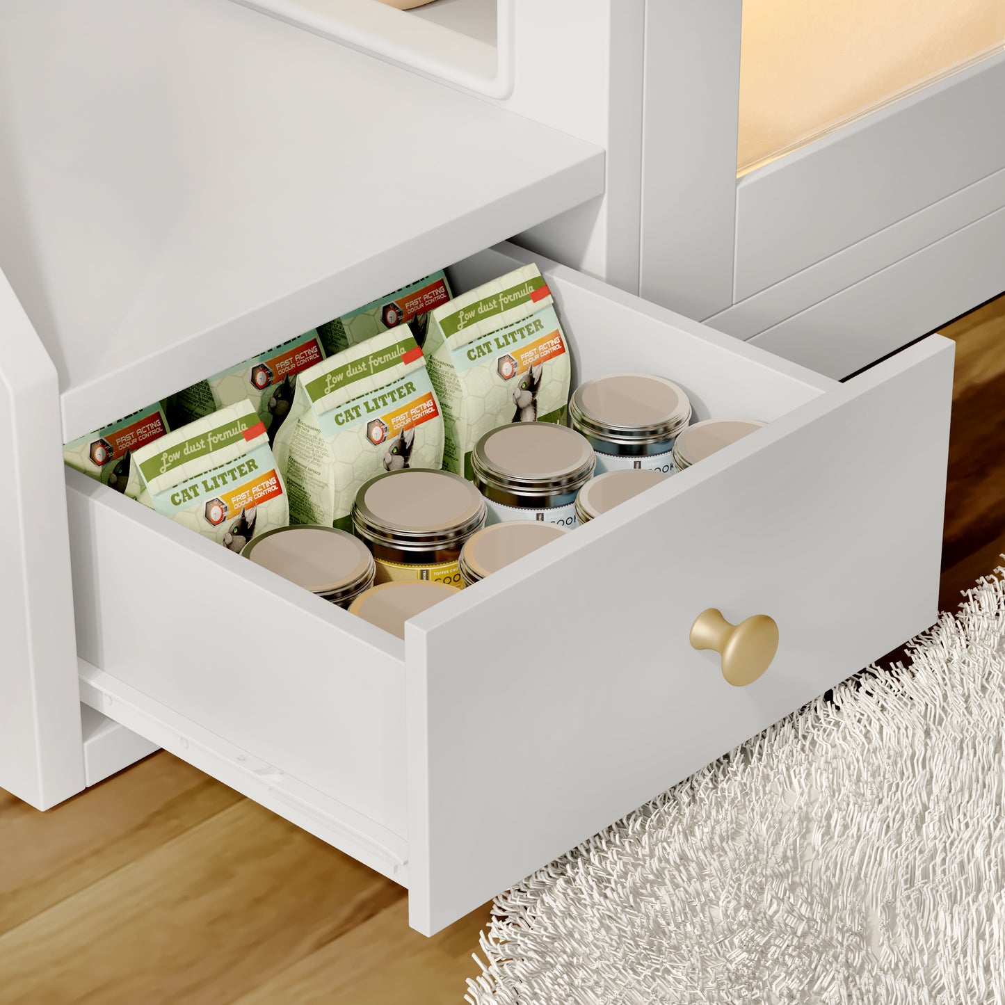 GO Cat Litter Box Enclosure With  Light , Hidden Litter Box Furniture With 2 Storage Drawers, Indoor Cat House Side Table For Living Room, White