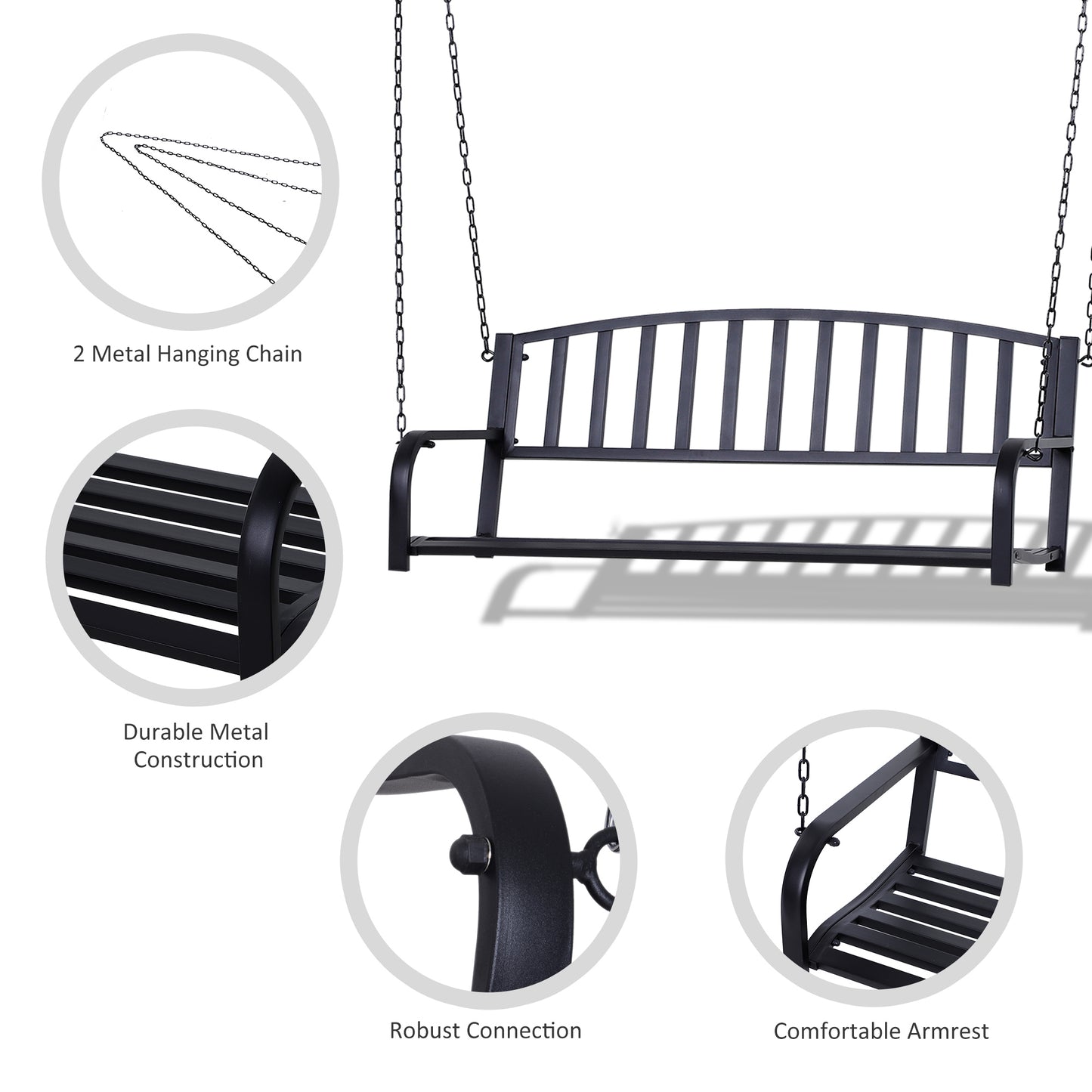 2 Person Front Porch Swing Patio Swing Bench, Outdoor Steel Swing Chair With Sturdy Chains, For Backyard, Deck, 528 Lb Weight Capacity, Black