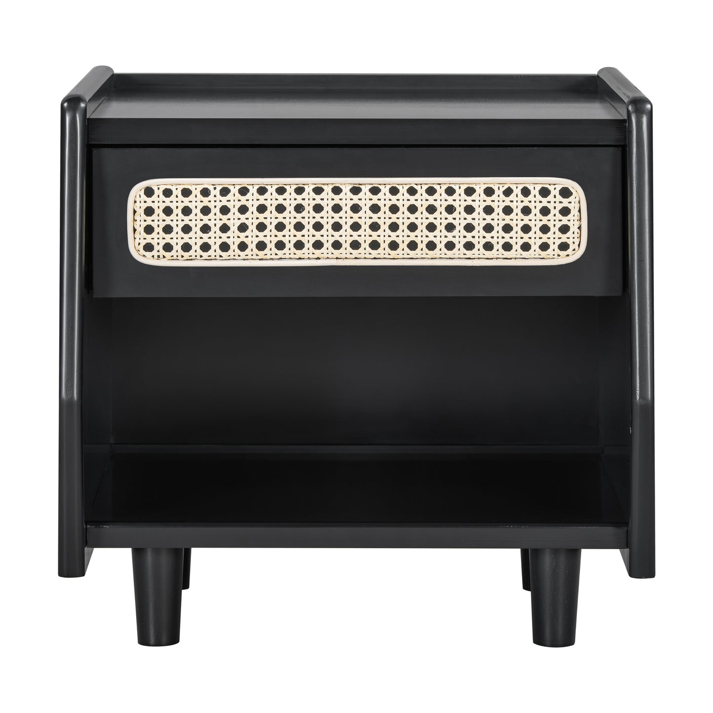 Black Nightstand With Rattan Detail, MDF   Solid Wood, Modern Bedroom Storage, Open Shelf & Drawer, Indoor Furniture