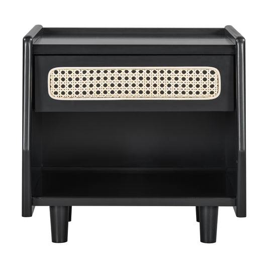 Black Nightstand With Rattan Detail, MDF   Solid Wood, Modern Bedroom Storage, Open Shelf & Drawer, Indoor Furniture