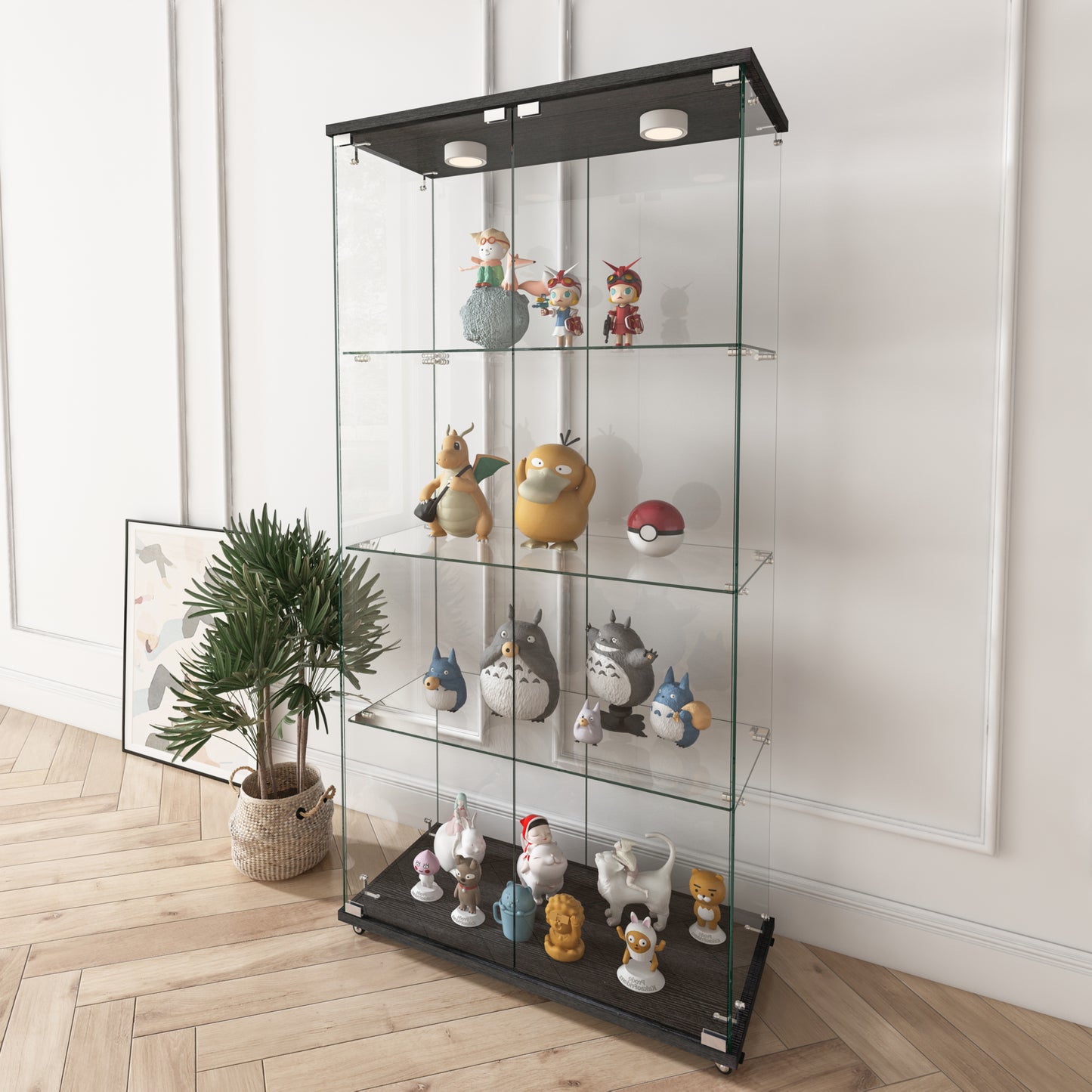 Modern Glass Display Cabinet With LED Lights, Quick-assembly Antique Cabinet, Tempered Glass Bookshelf, Suitable For Living Room And Bedrooms, 2-door 4-shelf, Black