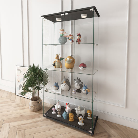 Modern Glass Display Cabinet With LED Lights, Quick-assembly Antique Cabinet, Tempered Glass Bookshelf, Suitable For Living Room And Bedrooms, 2-door 4-shelf, Black