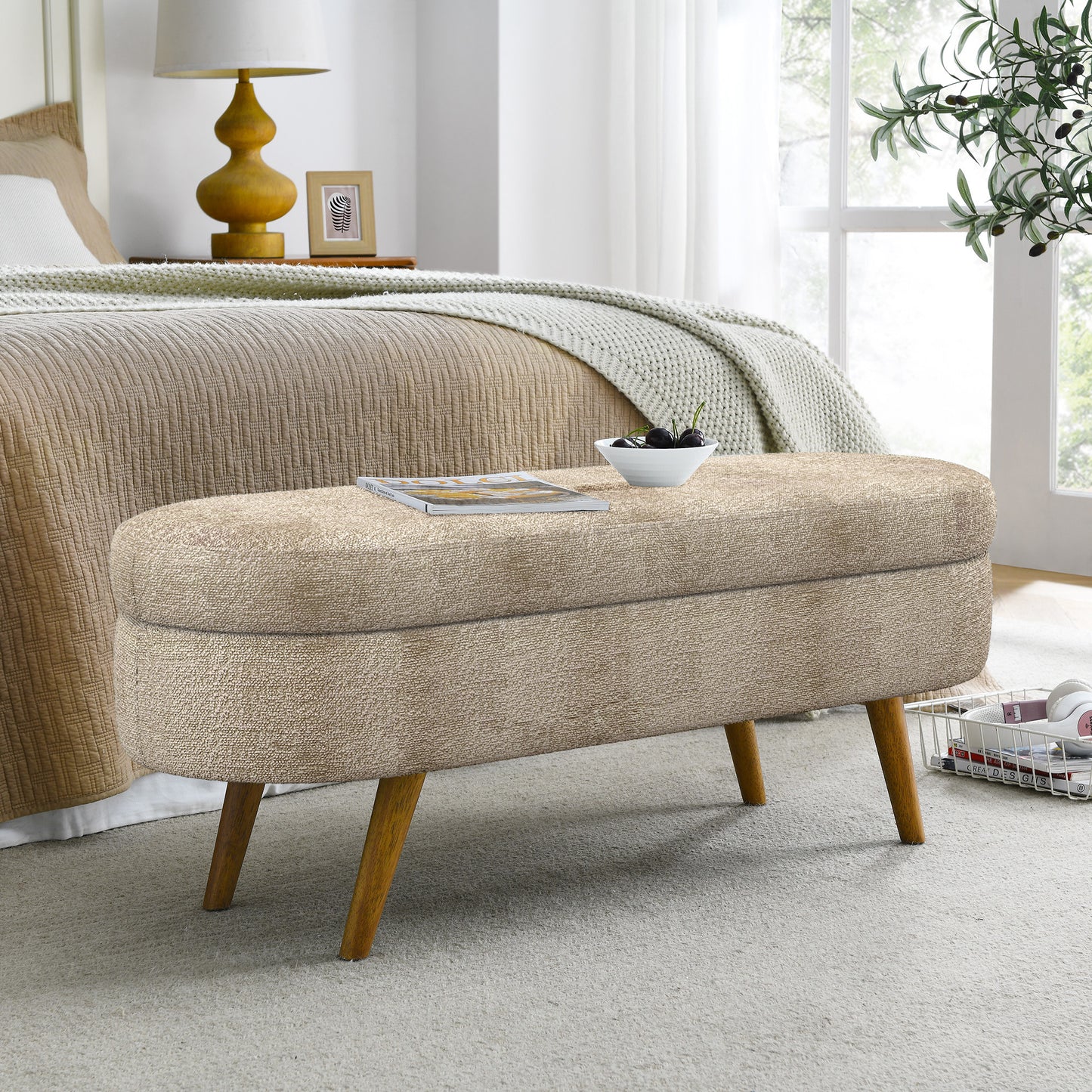 Ottoman Oval Storage Bench,Rubber Wood Legs, Gray 43.5 X16 X16 Brown