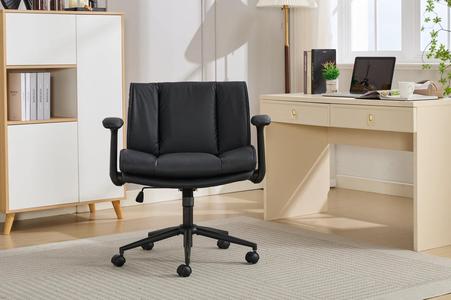 With Flip-Up Armrests Leather, Cross Legged Office Chair On Wheels, Comfy Swivel Chair With Wide Seat For Home Office, Vanity,  Ergonomic Desk Chair Adjustable, Black