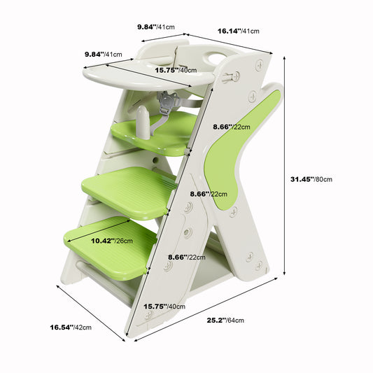 Multi Functional Growing Up Dining Chair,A High Chair Suitable For Eating And Feeding,Adjustable Height Toddler Tower,Use Five-point Seat Belts And A Movable Large Dinner Plate Green