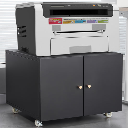 Black Metal Double-Door Printer Cabinet - 360 Lockable Casters, Crafted From Steel, Adjustable Shelves, Waterproof And Not Easy To Wear, Modern Design For Office, Home, Garage.
