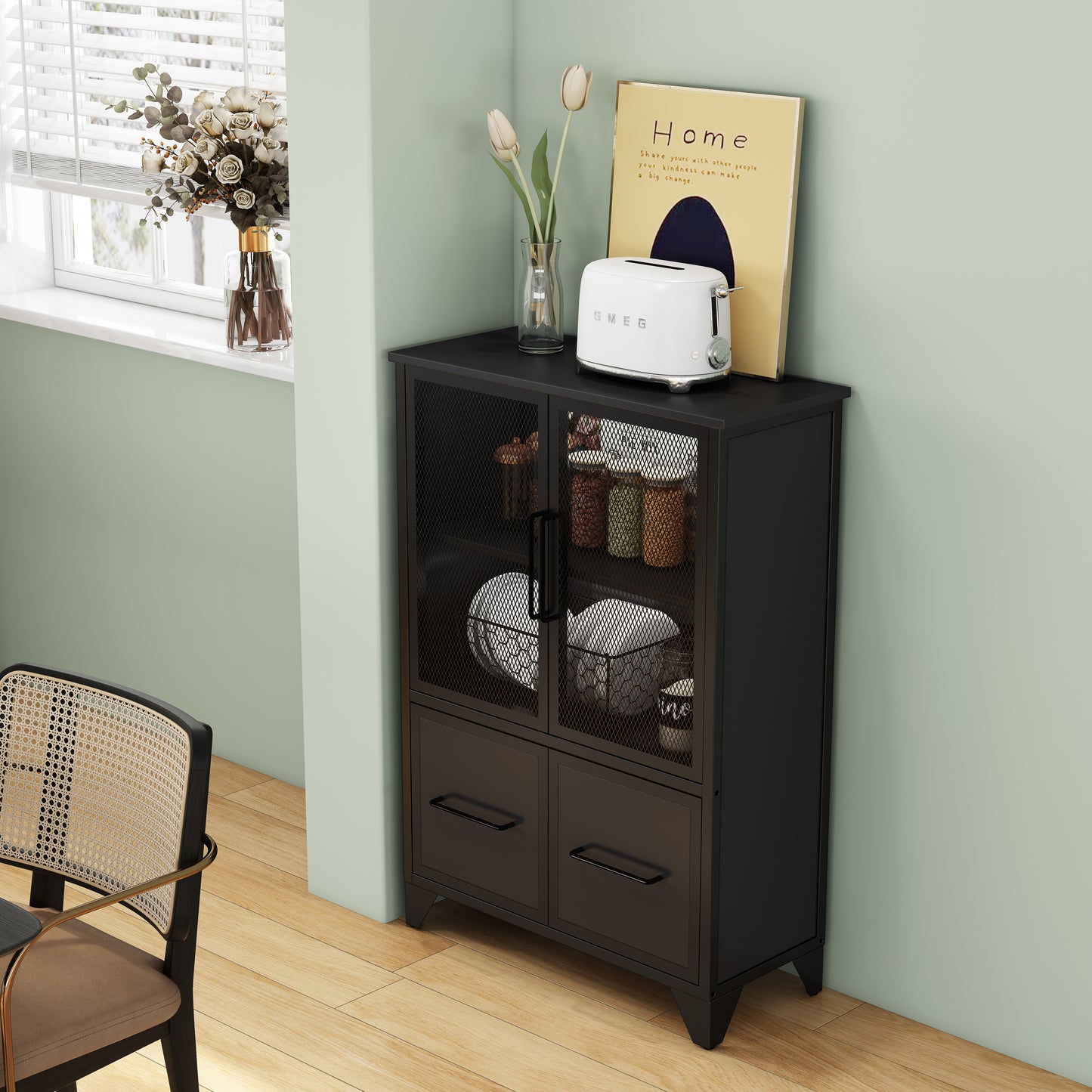 Storage Cabinet With 4 Iron Doors,Black Metal Handle,Sideboard With Adjustable Shelf,Black Sturdy Metal Frame And Metal Legs,Easy Assemble,For Living Room,Kitchen,Black