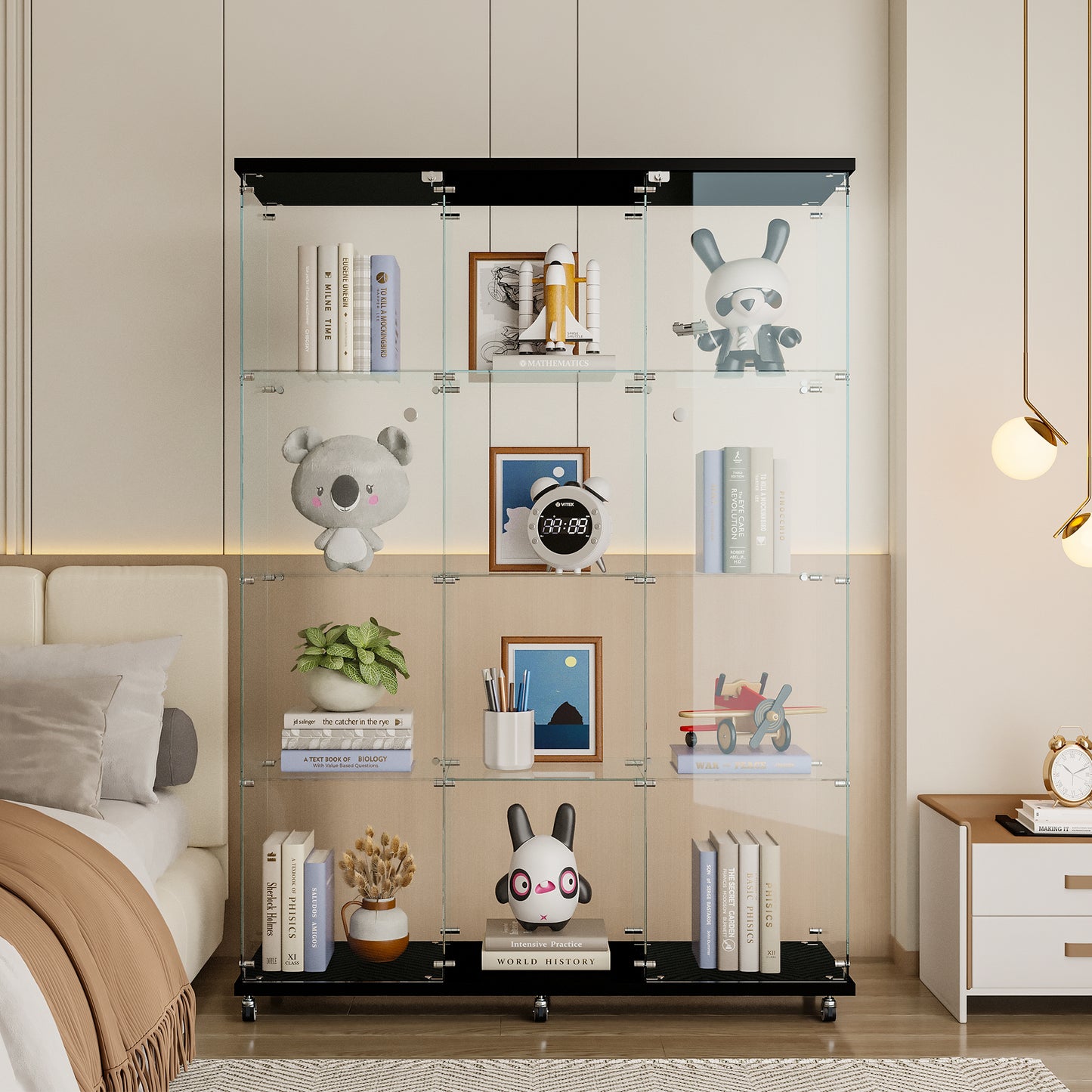 Glass Display Cabinet With 4 Shelves Extra Large, Curio Cabinets For Living Room, Bedroom, Office, Black Floor Standing Glass Bookshelf, Quick Installation