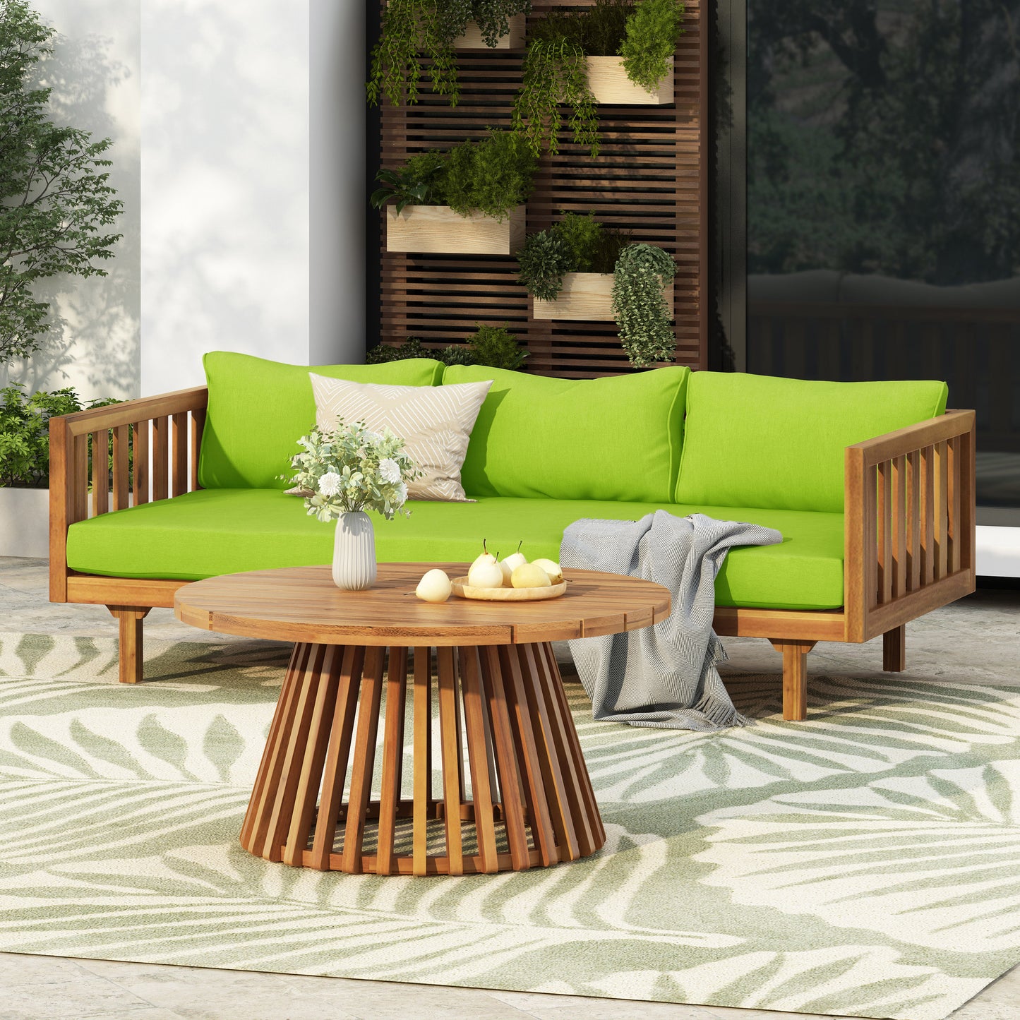 Acacia Wood Patio Furniture Set,Outdoor 3 Seater Daybed With Water Resistant Thick Cushions And Round Coffee Table, Green Cushion