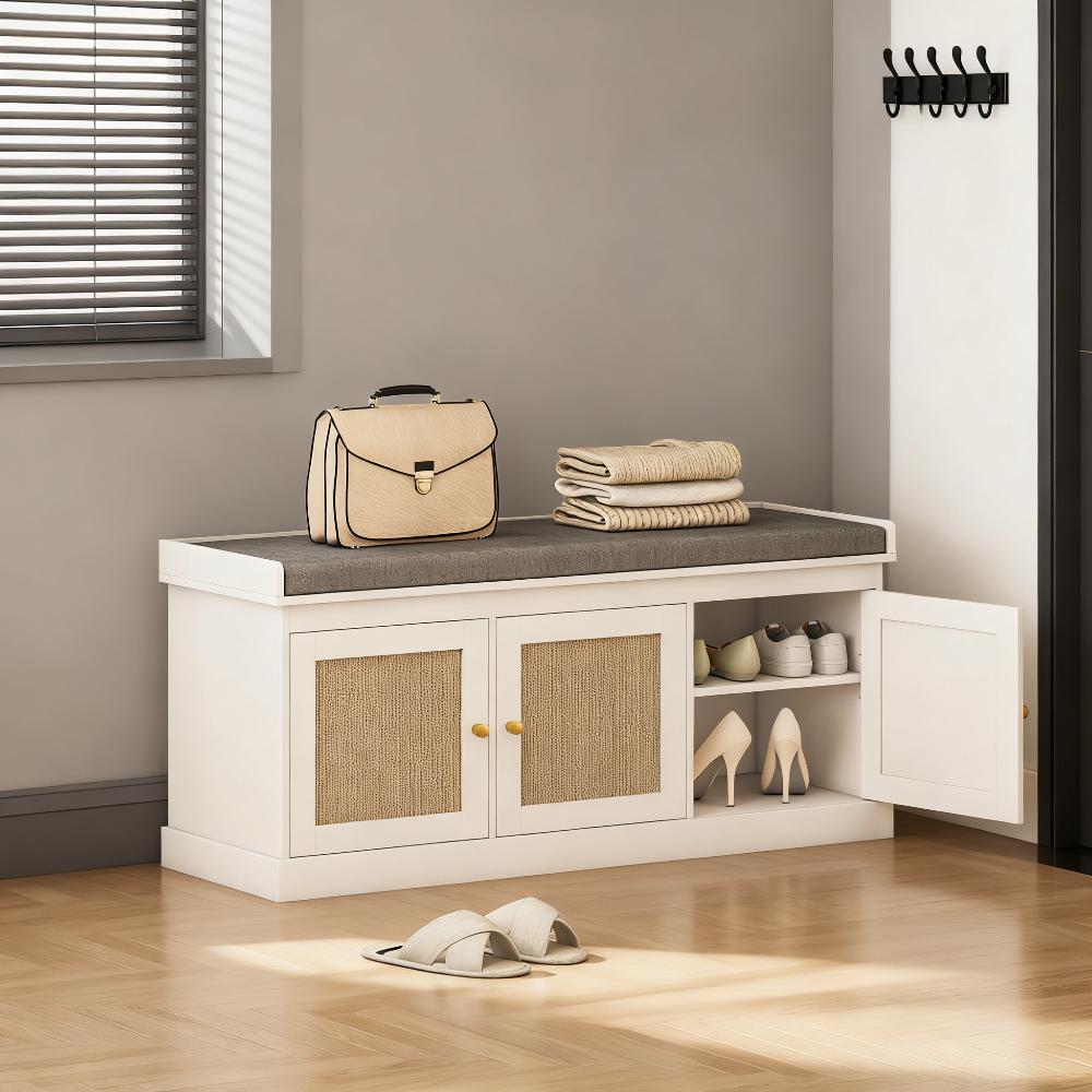 Shoe Storage Bench With Woven Rattan Doors, Shoe Bench With Cushion