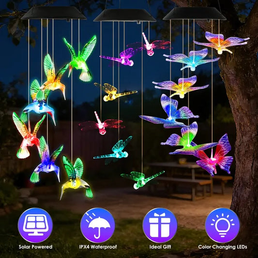 3Pack Solar Hummingbird Butterfly Dragonfly Wind Chimes 7 Color Changing Wind Chime For Outside IPX4 Waterproof Outdoor Garden Yard Decor
