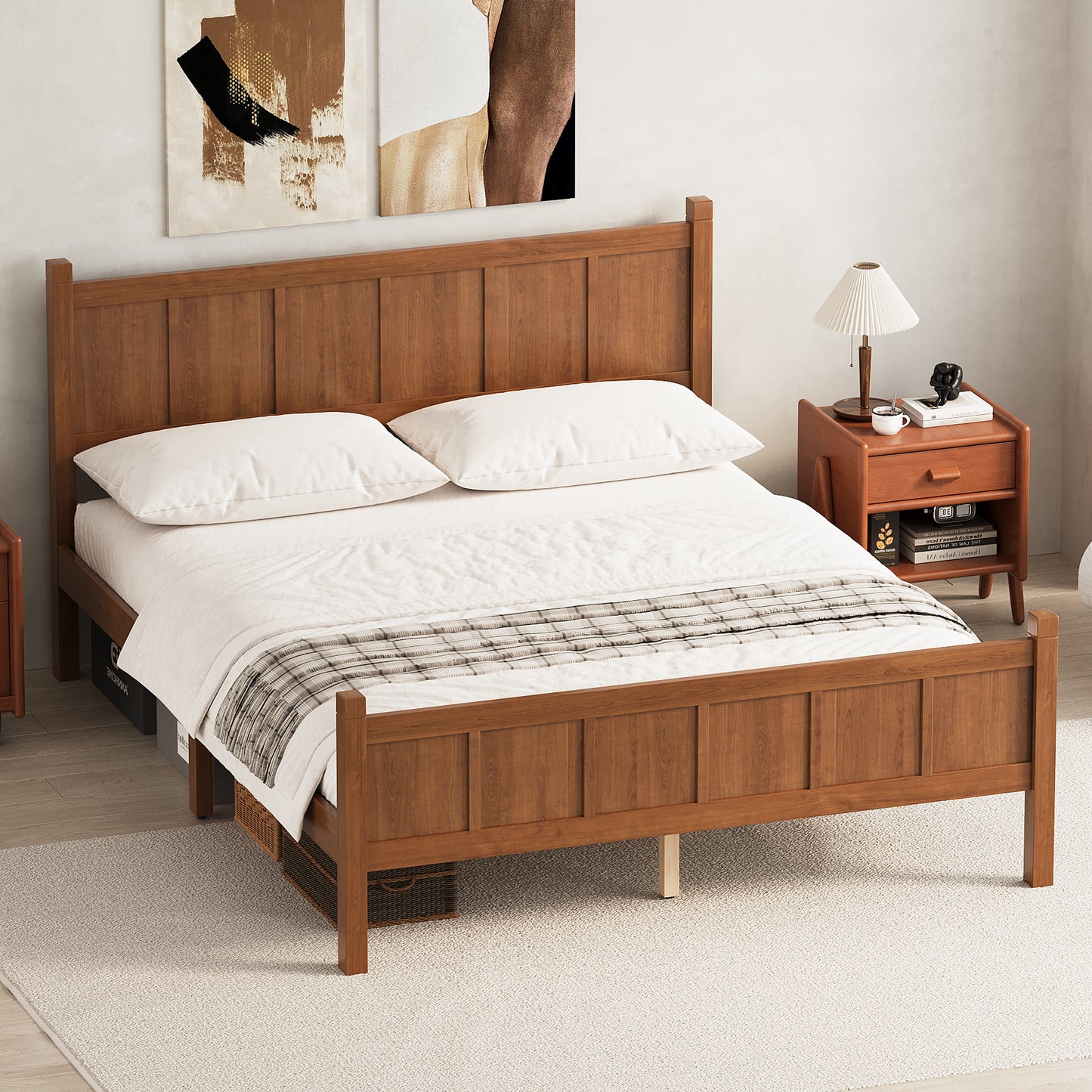 Queen Size Flat Panel Bed With Headboard & Footboard, Minimalist Modern Platform Bed With Wood Grain Finish, Shaker And Farmhouse Style Design, Sleek And Functional Bedroom Furniture,Light Walnut