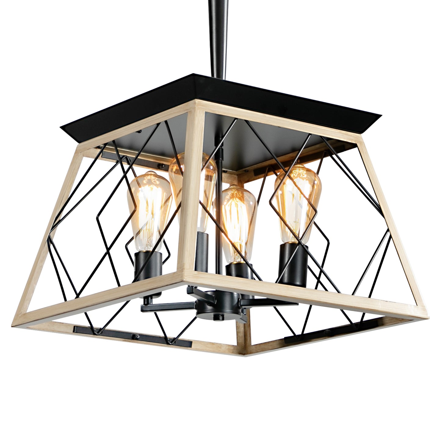 16in  Oak Industrial 4-Light Pendant Chandelier, Modern Metal Cage Design, Adjustable Hanging Light For Dining Room, Kitchen, Living Room -No Bulbs