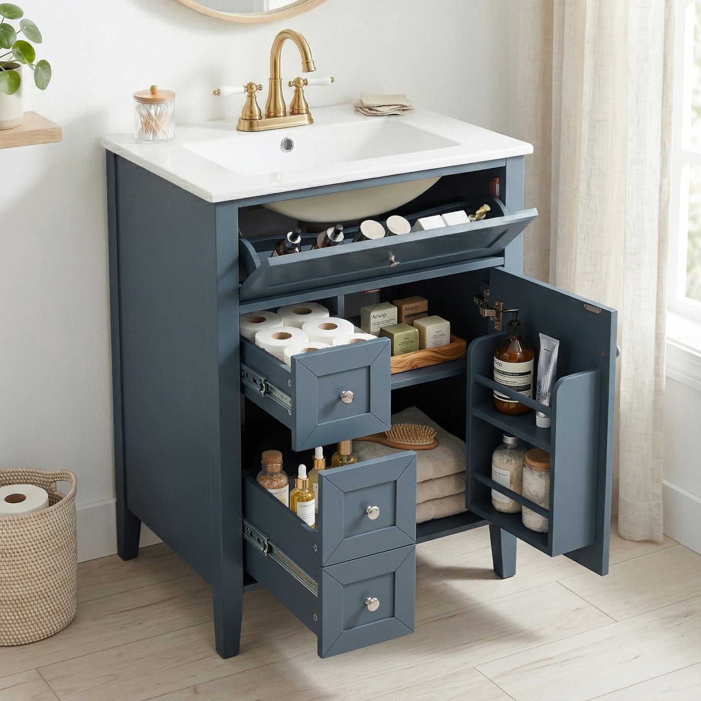 24  Bathroom Vanity With Sink,Ceramic Sink,Bathroom Cabinet With 1 Tip-out Drawers And 2 Pull-out Storage Drawers, Soft-Closing Door With Storage Rack, Solid Wood Legs, One Package, Blue Gray