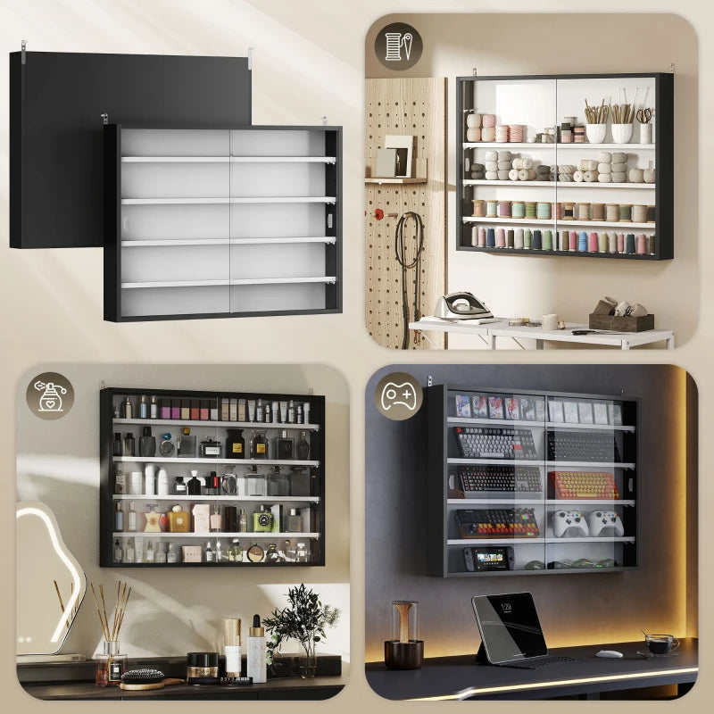 5-Tier Display Cabinet, Wall-Mounted Display Case With 2 Glass Doors And Adjustable Shelves, Blackm-1 HOMCOM 5-Tier Display Cabinet, Wall-Mounted Display Case With 2 Glass Doors And Adjustabl