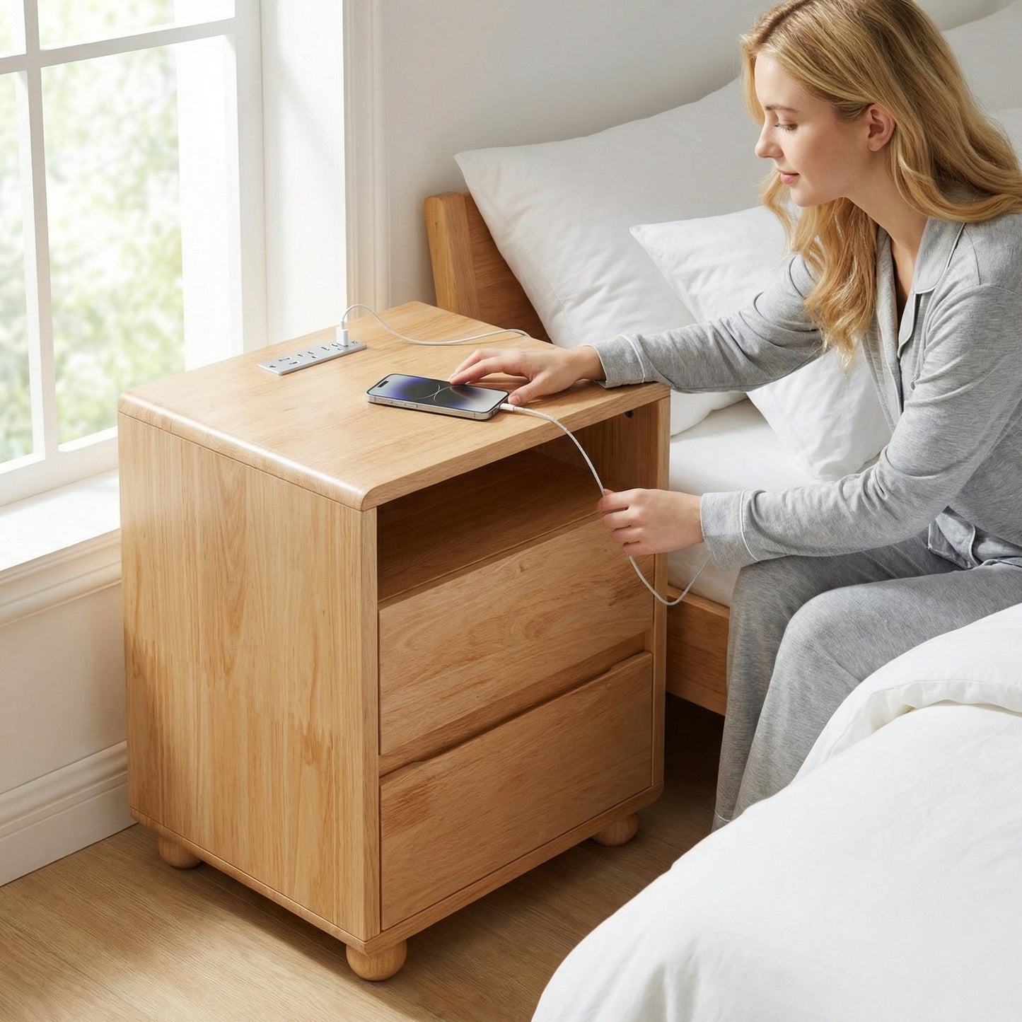 20 Modern Nightstand With 2 Drawers And Shelves Solid Wood Night Stand With Charger Station Mid Century Bedside Table Curved Wood Side Table For Bedroom Living Room
