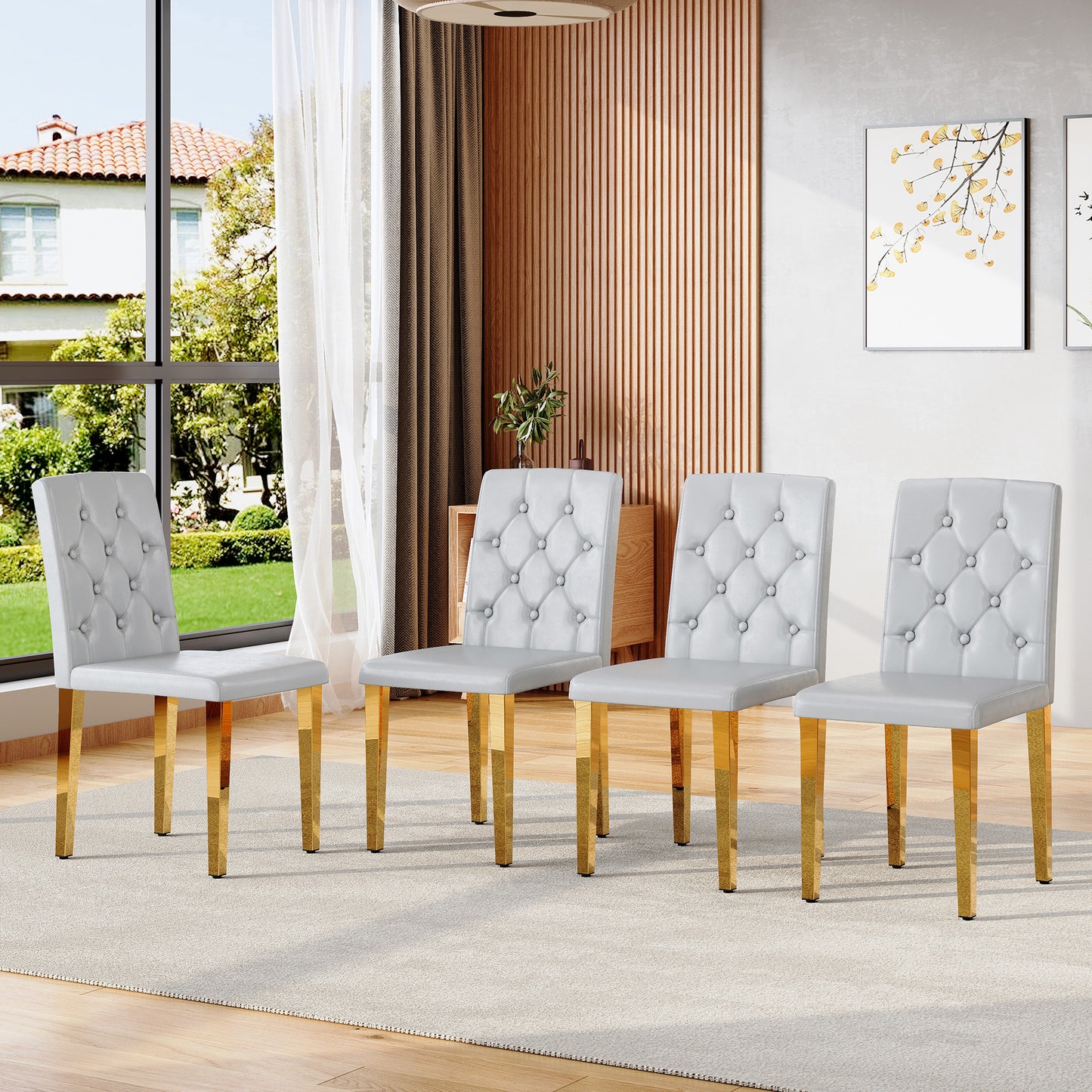4-piece Set Of Light Grey PU Dining Chairs,Ergonomically Designed Buckle Backrest, 35 Inches High, Gold Metal Legs, Combining Comfort And Texture.Suitable For Family Restaurants, Banquet Hall, Etc.